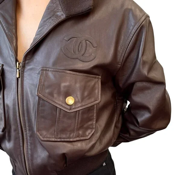 CHANEL Vintage CC Mark Logo Leather Jacket Top #38 Brown CHANEL Vintage CC Mark Logo Leather Jacket Top #38 Brown